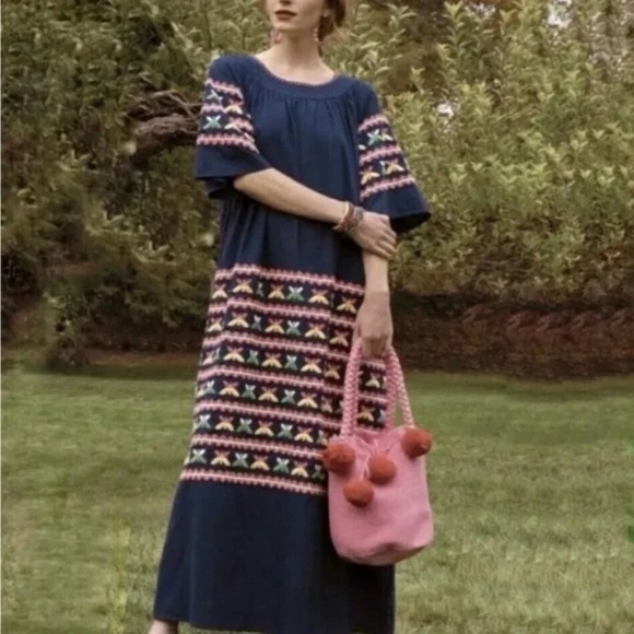 Frances Valentine Kaftan Butterfly Embroidered Dress In Navy Size 22 - Picture 4 of 11